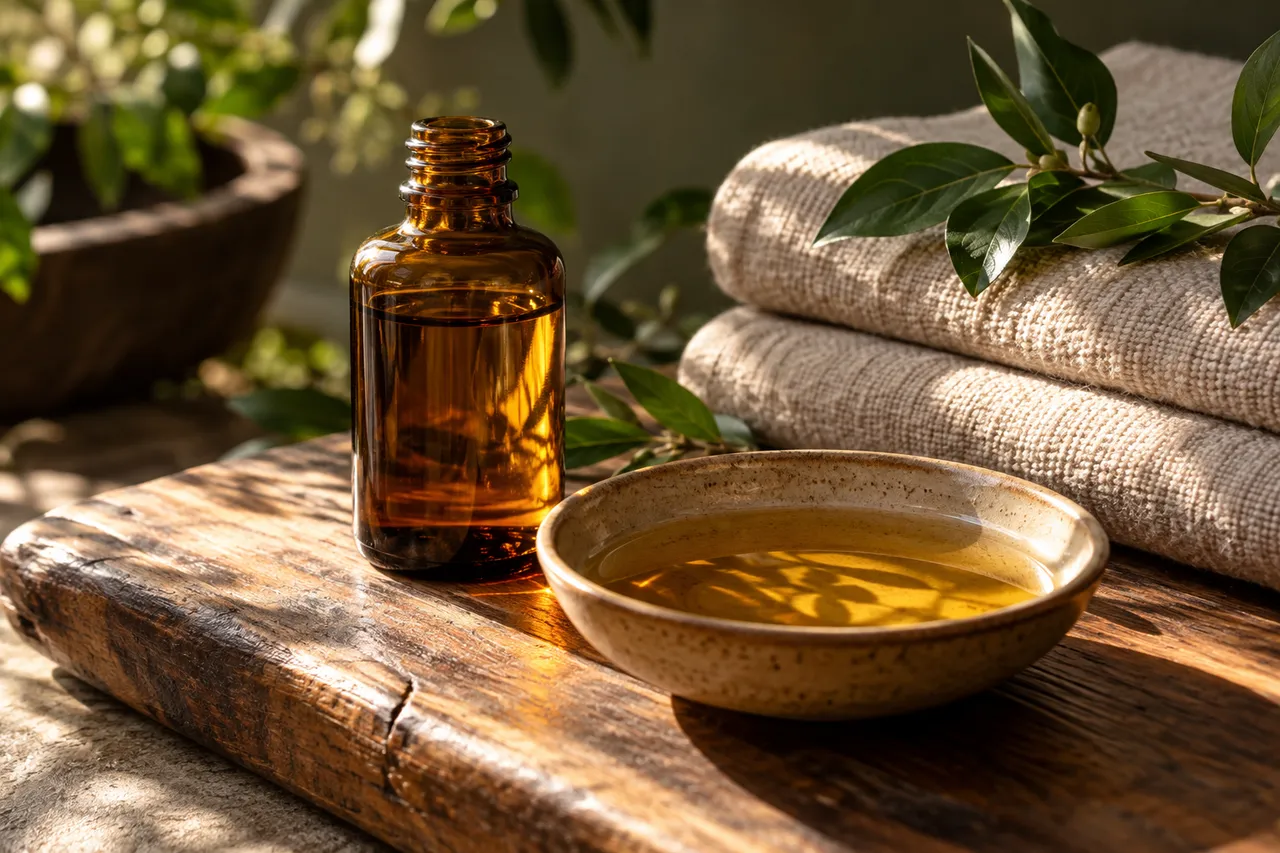 An amber oil bottle and ceramic bowl beside natural linen towels