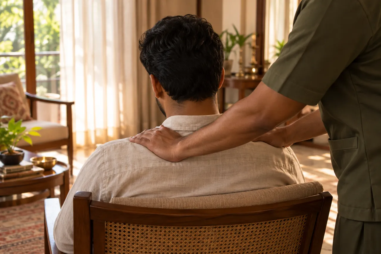 A professional massaging the shoulders of a seated client wearing a linen shirt
