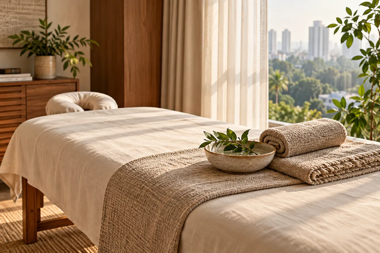 A massage table with natural linen and folded towels in a quiet home