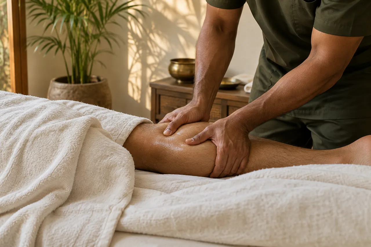 A massage professional working on a client’s calf in a home setting