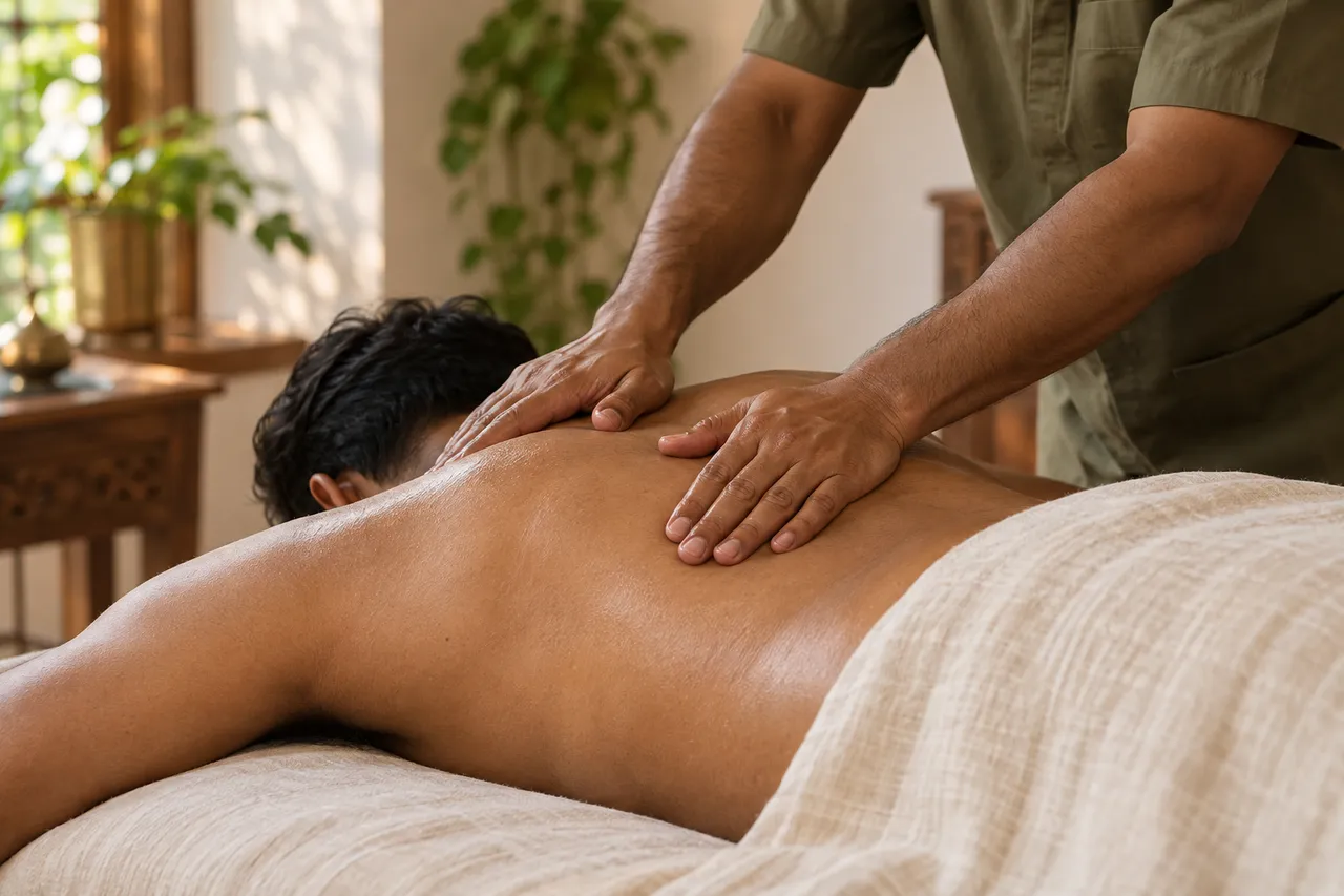 Professional hands applying a gliding massage to a client’s upper back